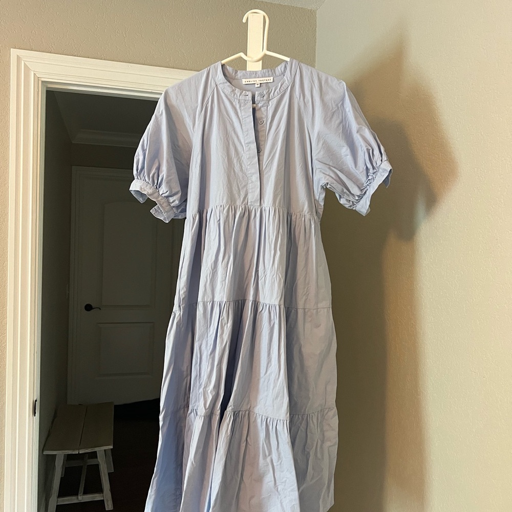 English Factory Blue Tiered Puff Sleeve Midi Sundress